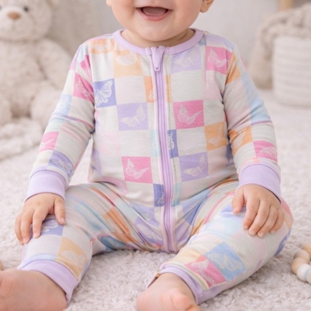 Bamboo 6-12M Butterfly Checkerboard‎ Zippy Romper Pastel Kids Sleeper One Piece